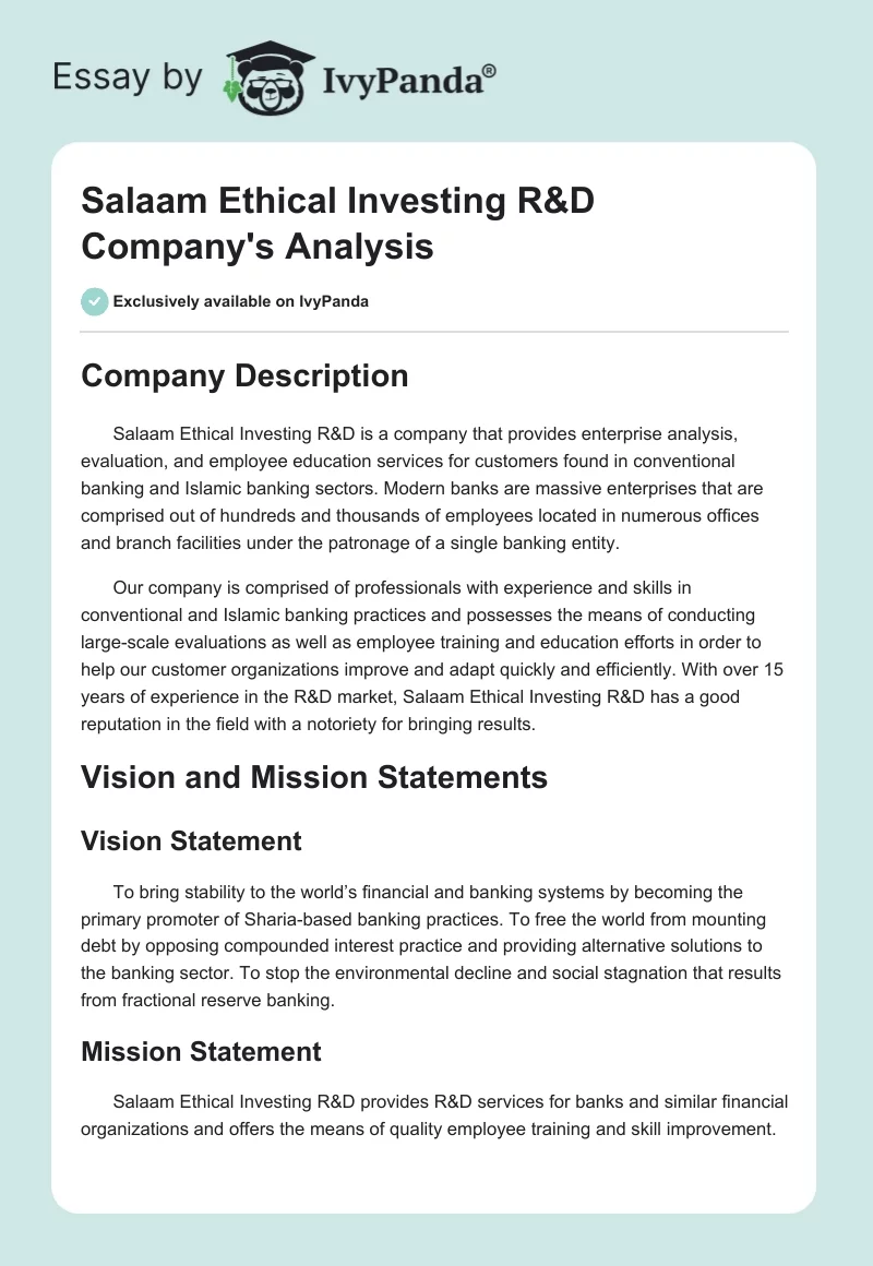 Salaam Ethical Investing R&D Company's Analysis. Page 1