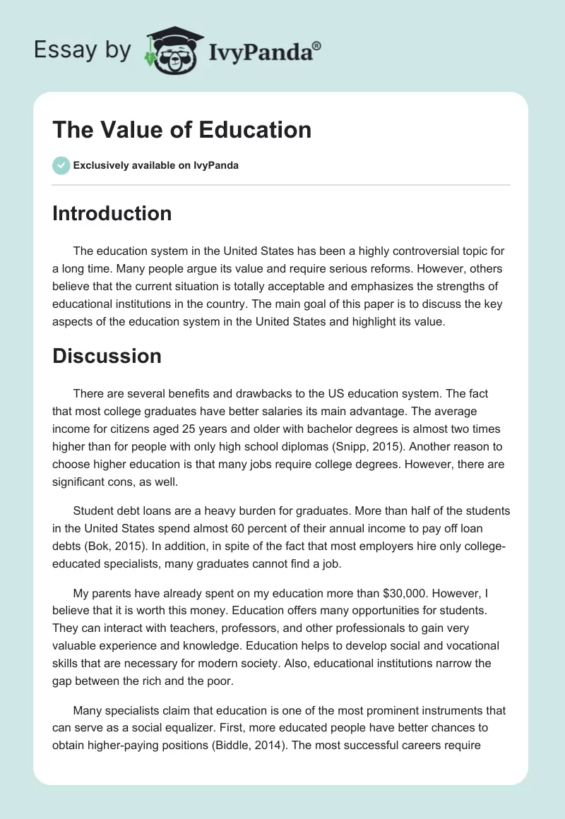 The Value of Education. Page 1