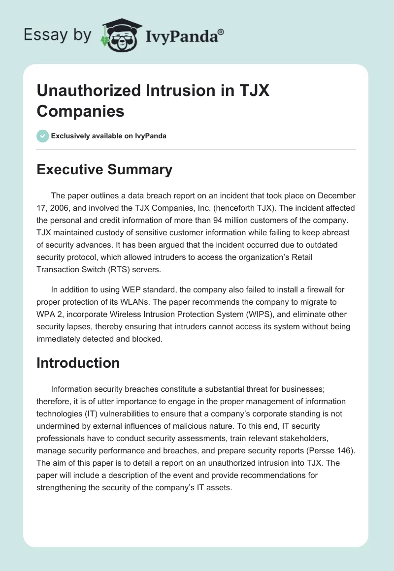 Unauthorized Intrusion in TJX Companies. Page 1