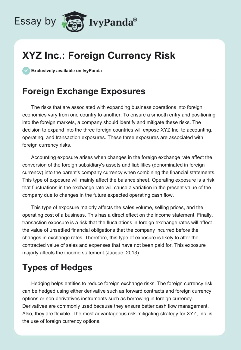 XYZ Inc.: Foreign Currency Risk. Page 1