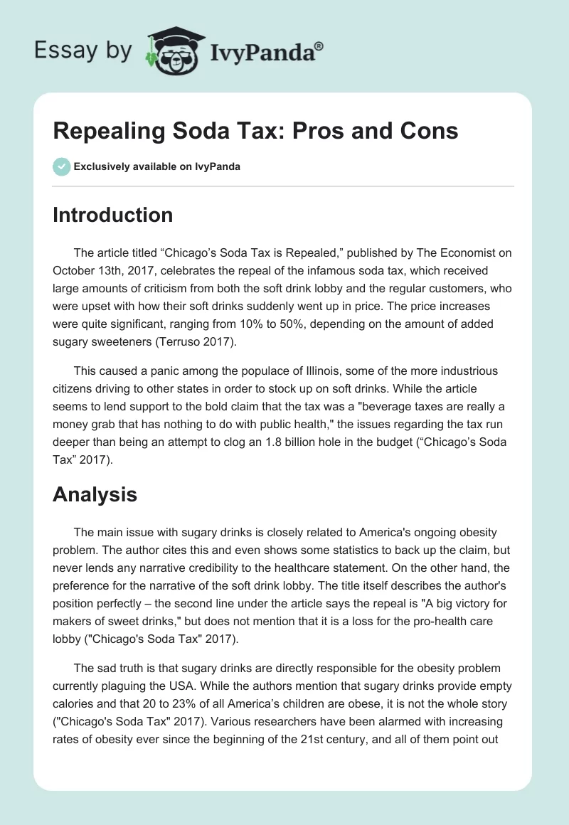 Repealing Soda Tax: Pros and Cons. Page 1