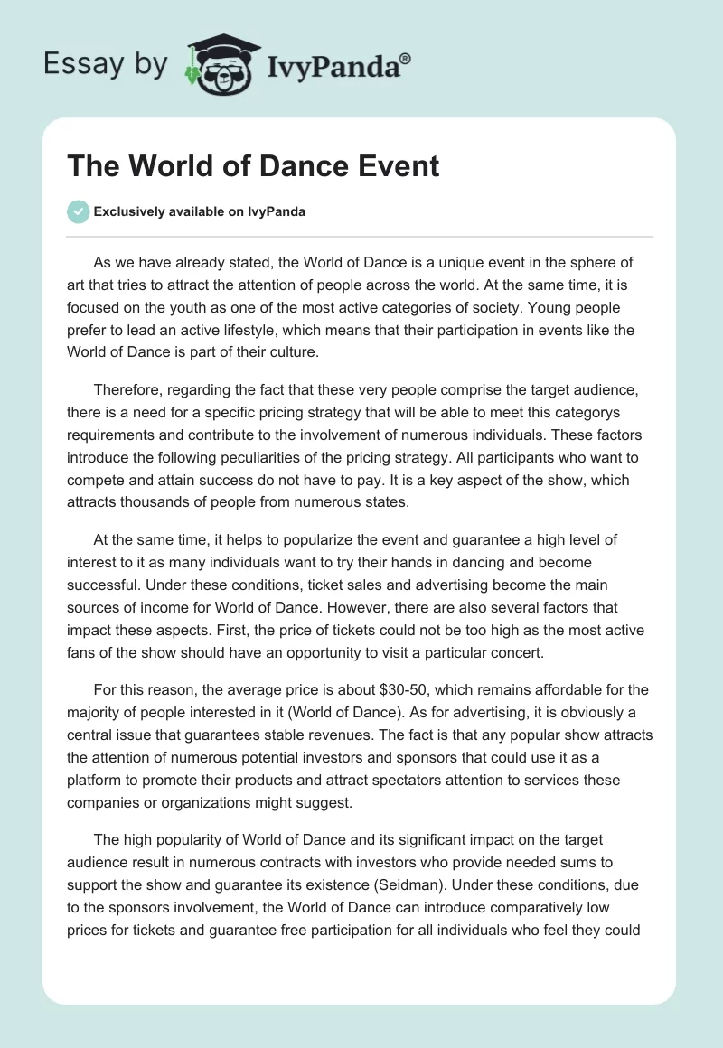 "The World of Dance" Event. Page 1