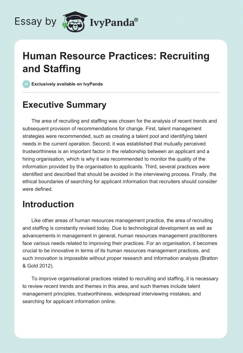 Human Resource Practices: Recruiting and Staffing. Page 1