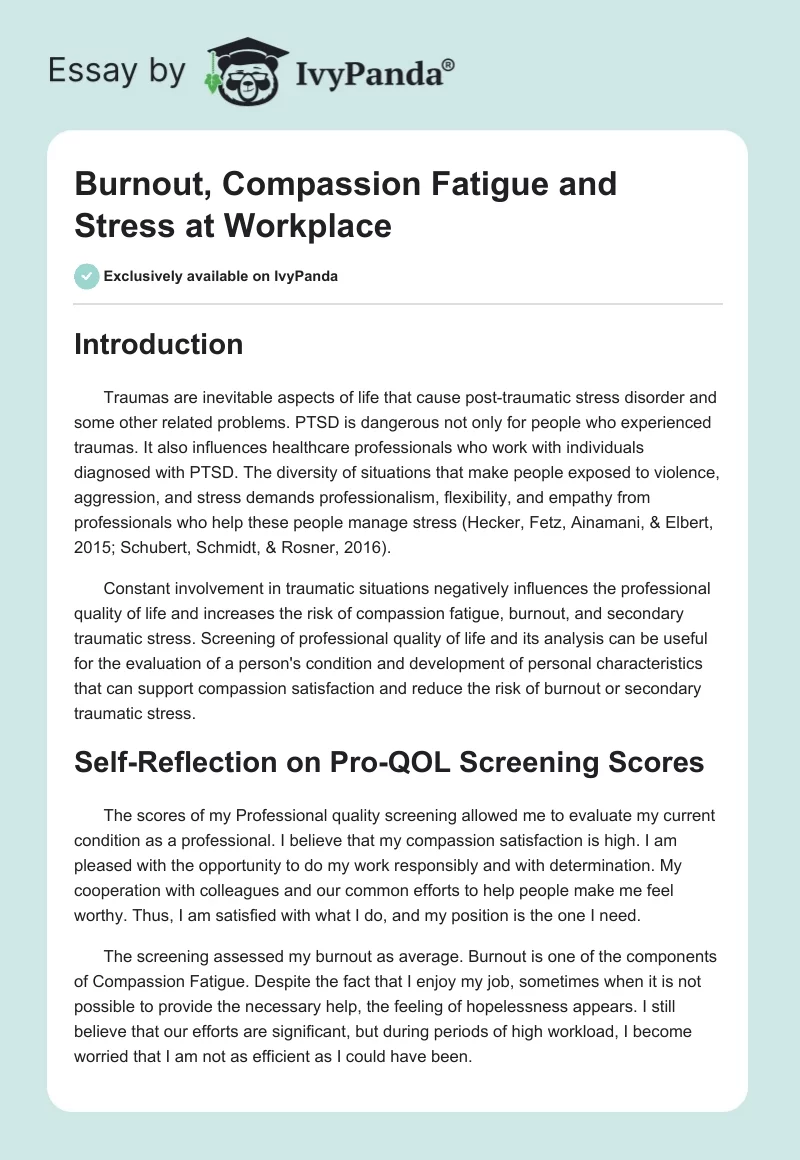 Burnout, Compassion Fatigue and Stress at Workplace. Page 1