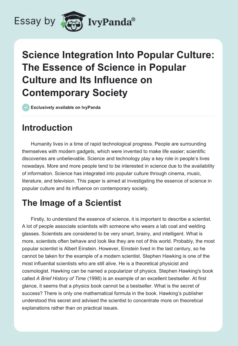 Science Integration Into Popular Culture: The Essence of Science in Popular Culture and Its Influence on Contemporary Society. Page 1