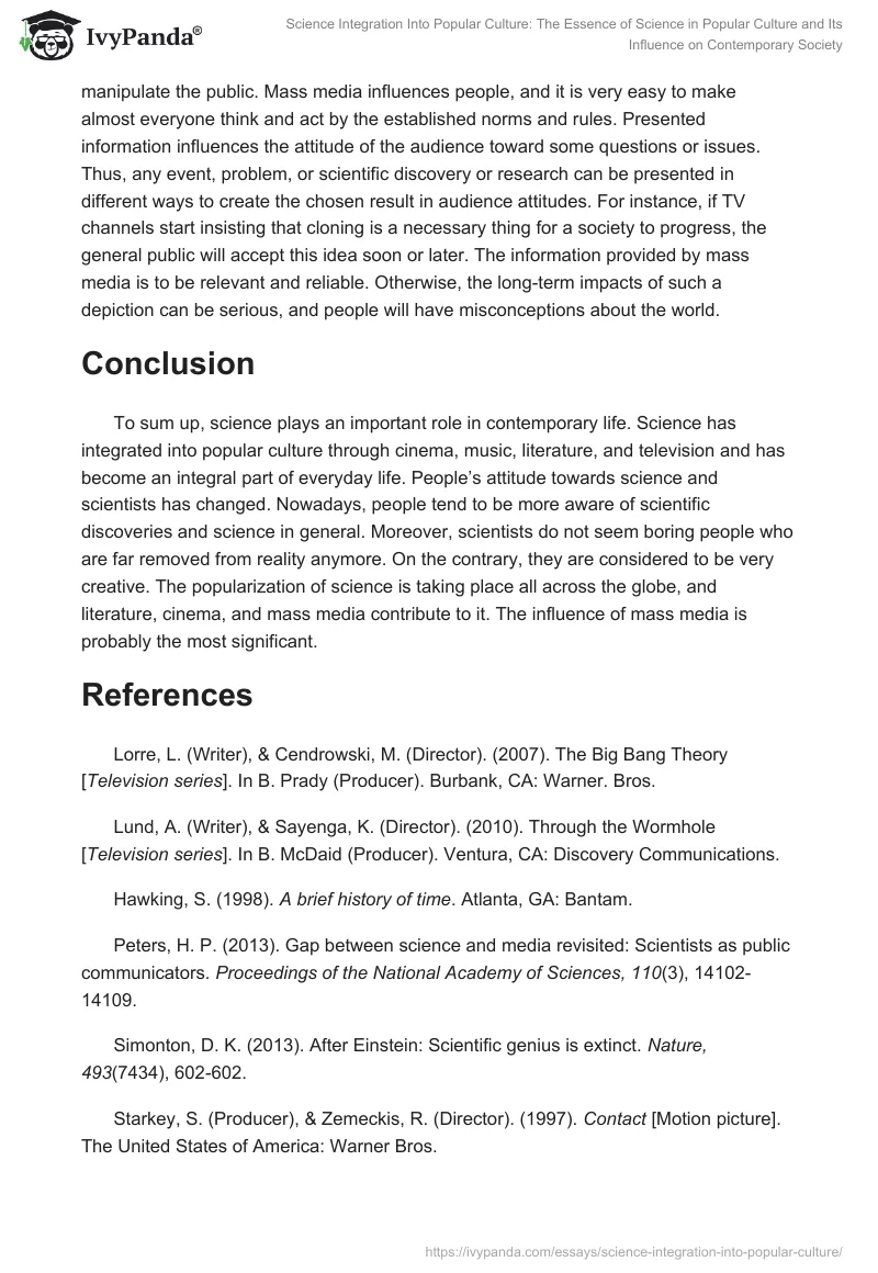 Science Integration Into Popular Culture: The Essence of Science in Popular Culture and Its Influence on Contemporary Society. Page 4