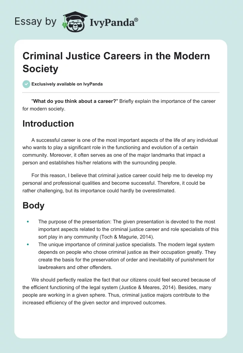 Criminal Justice Careers in the Modern Society. Page 1