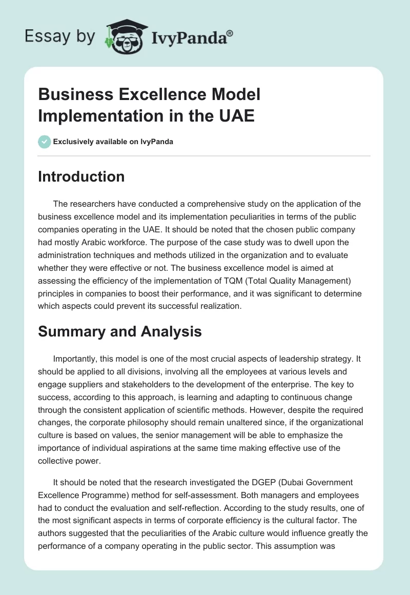 Business Excellence Model Implementation in the UAE. Page 1