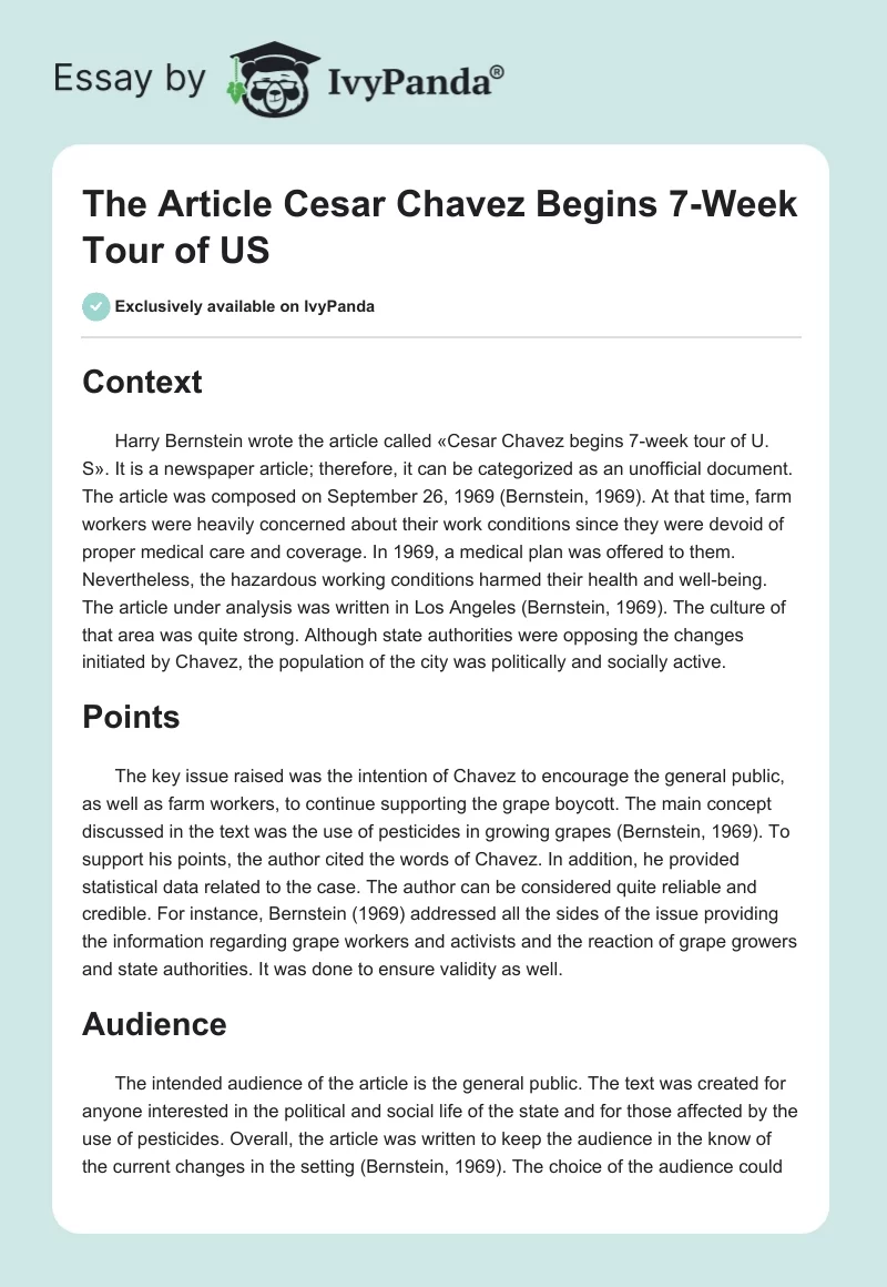 The Article "Cesar Chavez Begins 7-Week Tour of US". Page 1