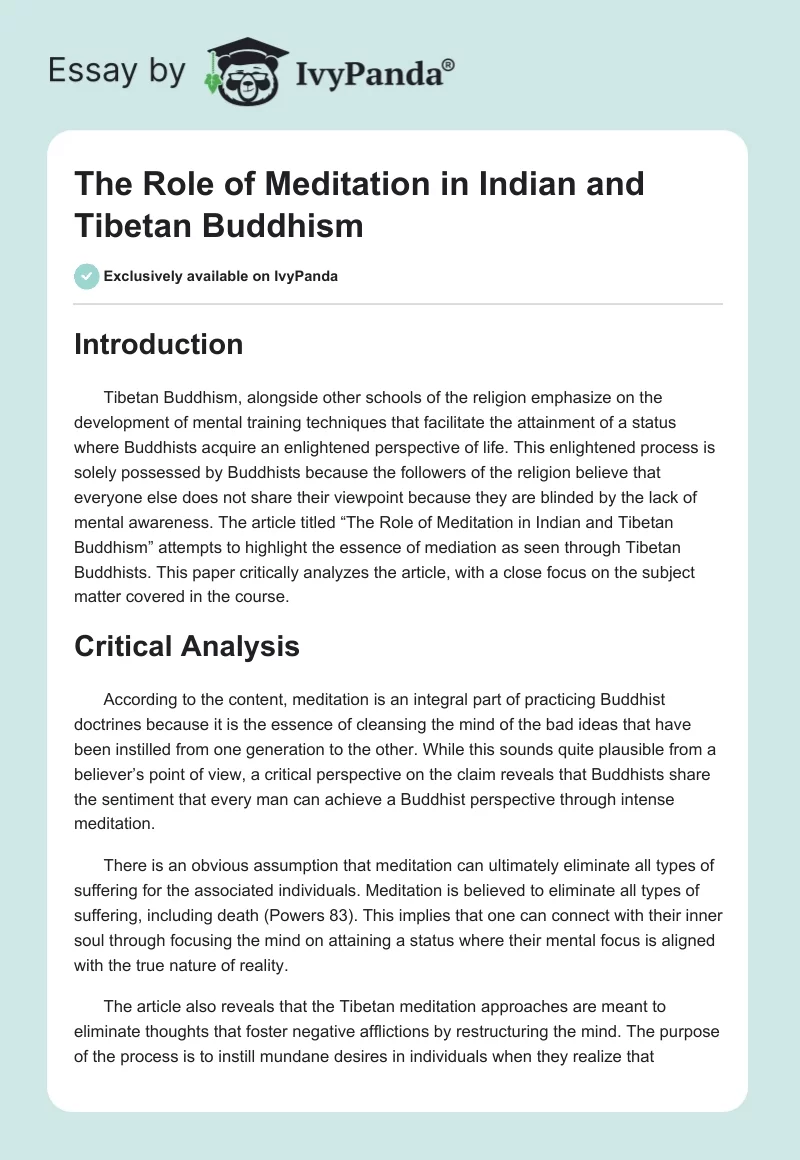 The Role of Meditation in Indian and Tibetan Buddhism. Page 1