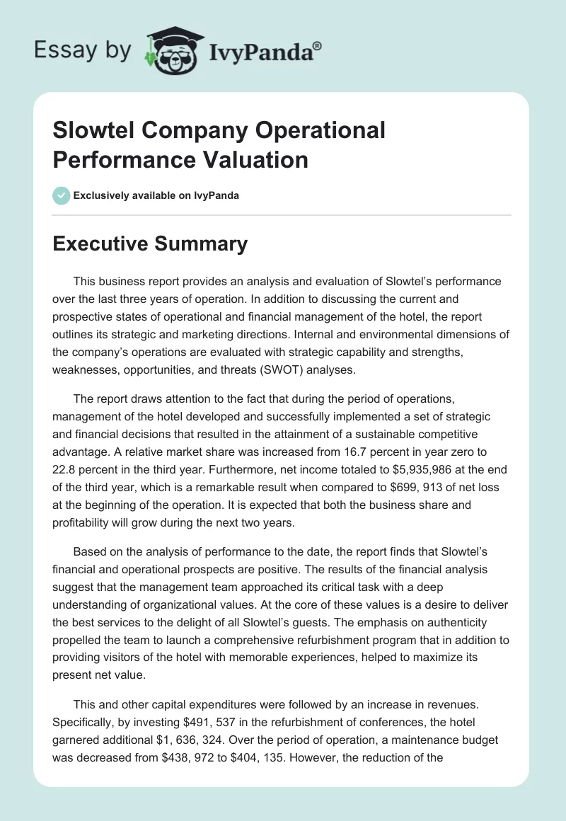 Slowtel Company Operational Performance Valuation. Page 1