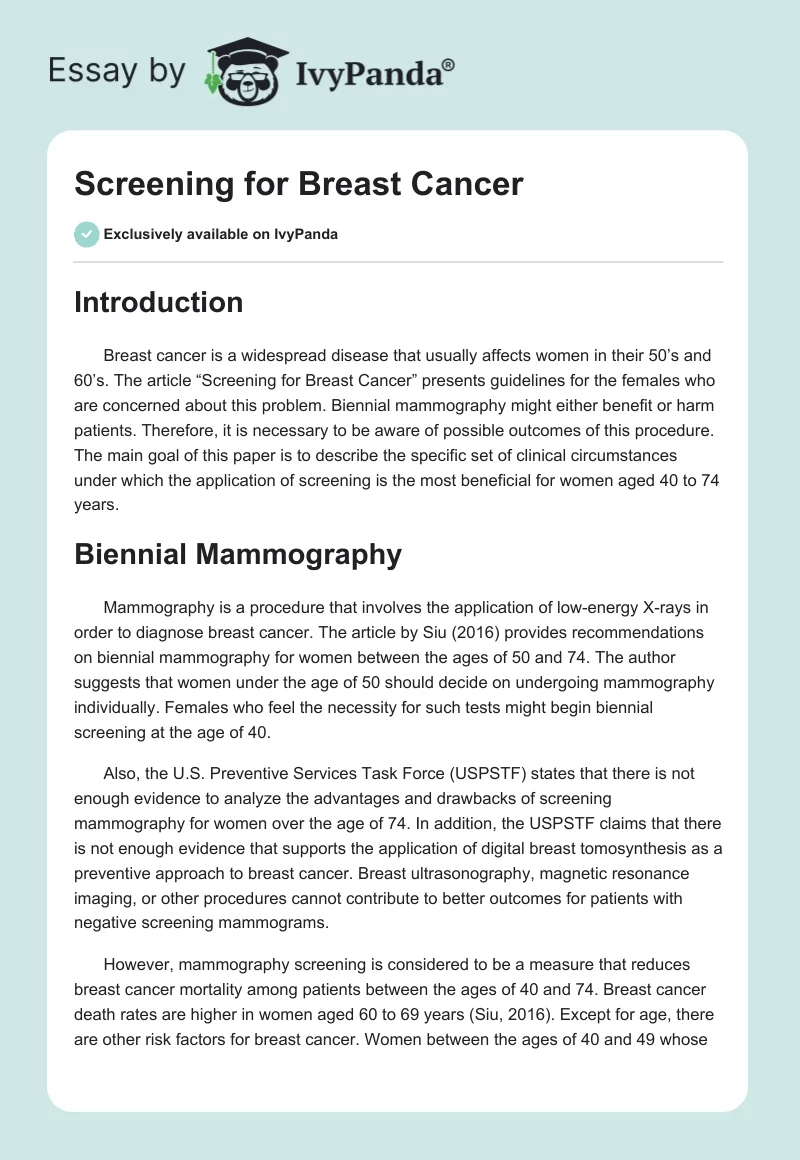 Screening for Breast Cancer. Page 1