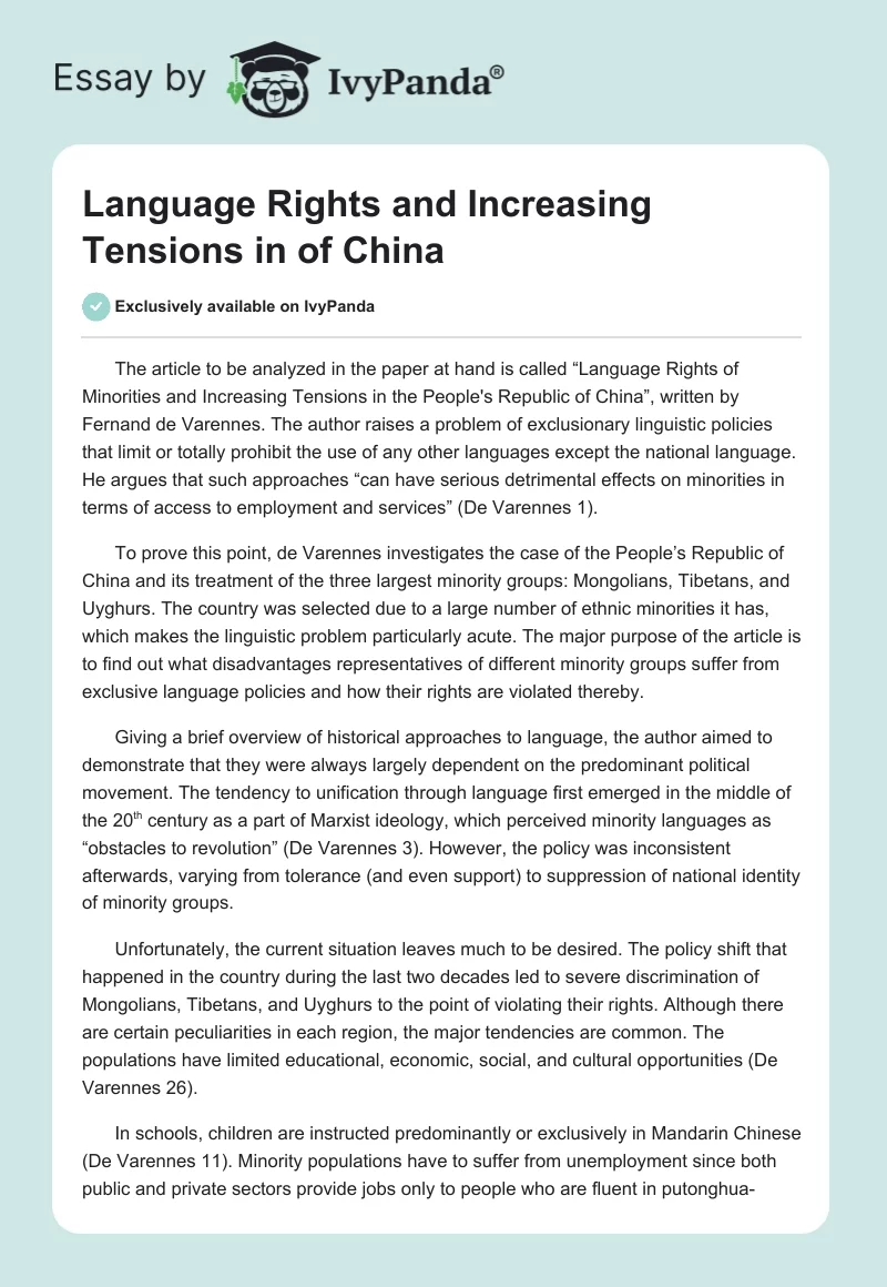 Language Rights and Increasing Tensions in of China. Page 1
