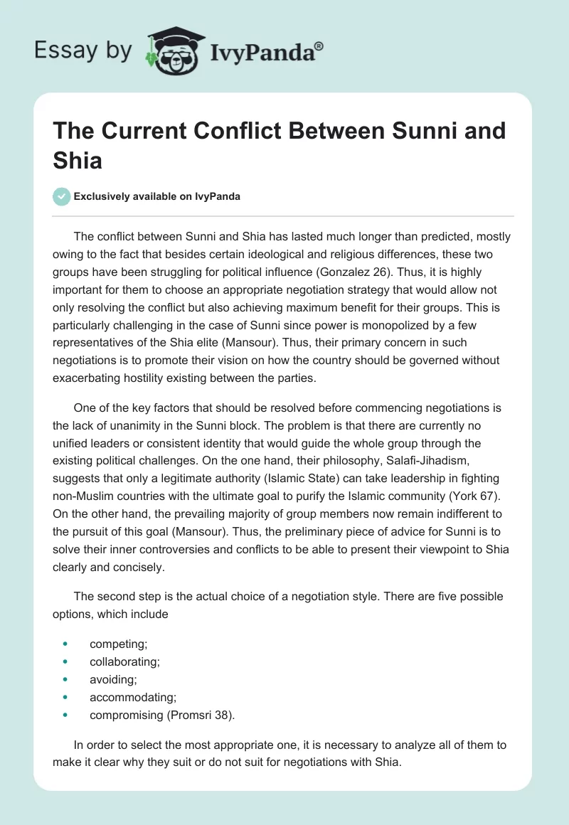 The Current Conflict Between Sunni and Shia. Page 1