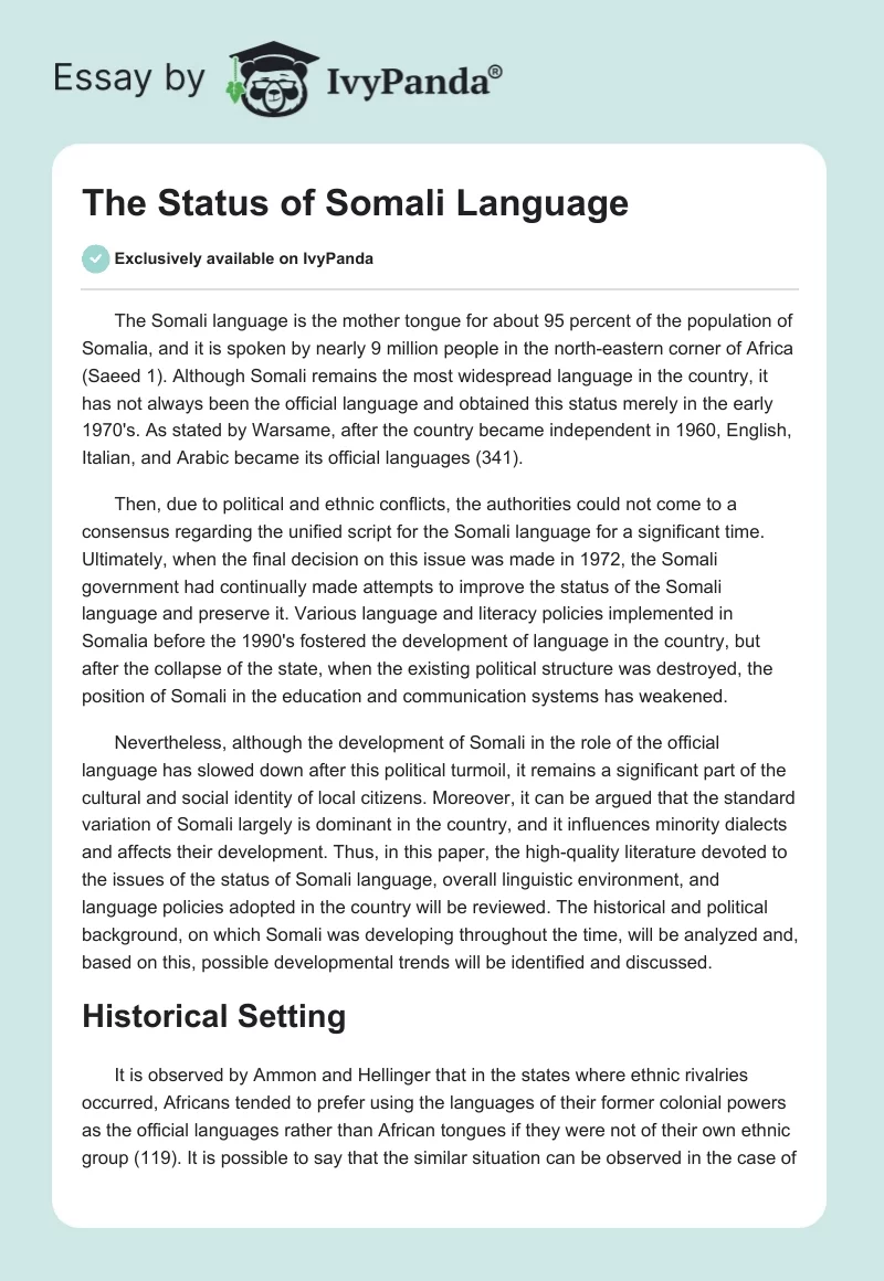 The Status of Somali Language. Page 1