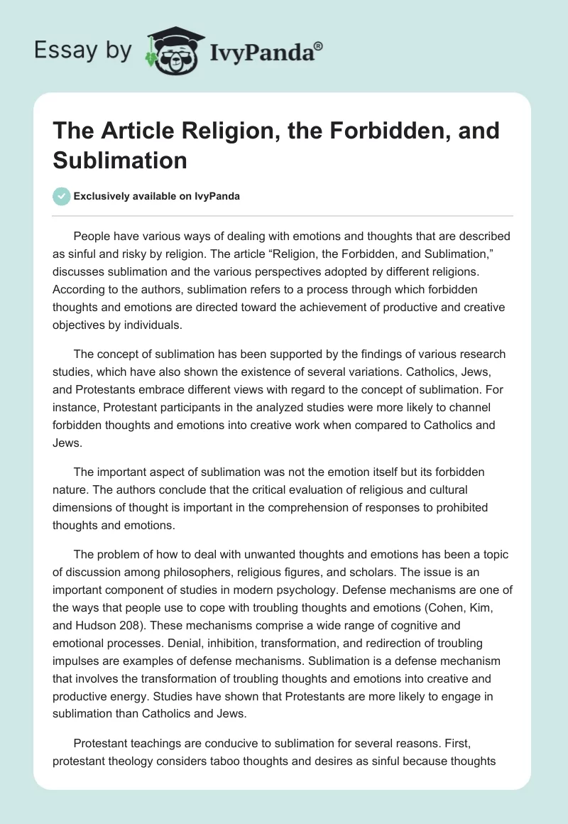 The Article "Religion, the Forbidden, and Sublimation". Page 1