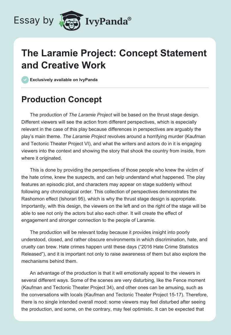 The Laramie Project: Concept Statement and Creative Work. Page 1