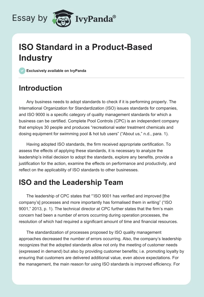 ISO Standard in a Product-Based Industry. Page 1