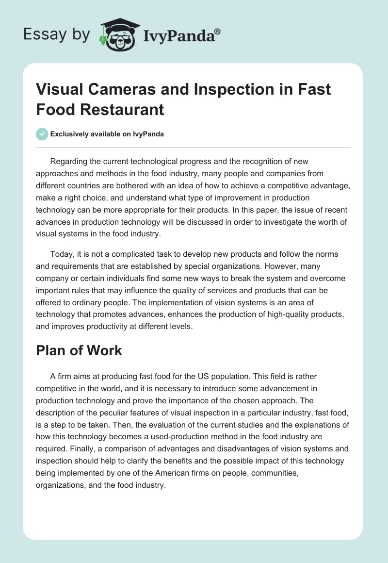 Visual Cameras and Inspection in Fast Food Restaurant. Page 1