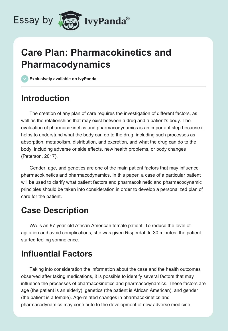 Care Plan: Pharmacokinetics and Pharmacodynamics. Page 1