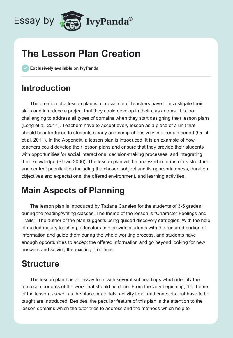 The Lesson Plan Creation. Page 1