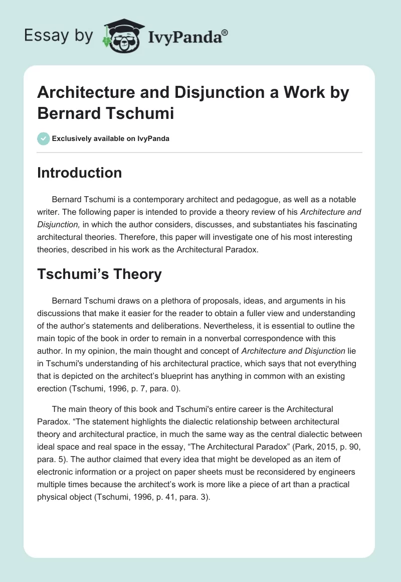 "Architecture and Disjunction" a Work by Bernard Tschumi. Page 1