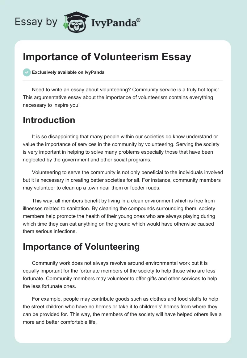 Importance of Volunteerism Essay. Page 1