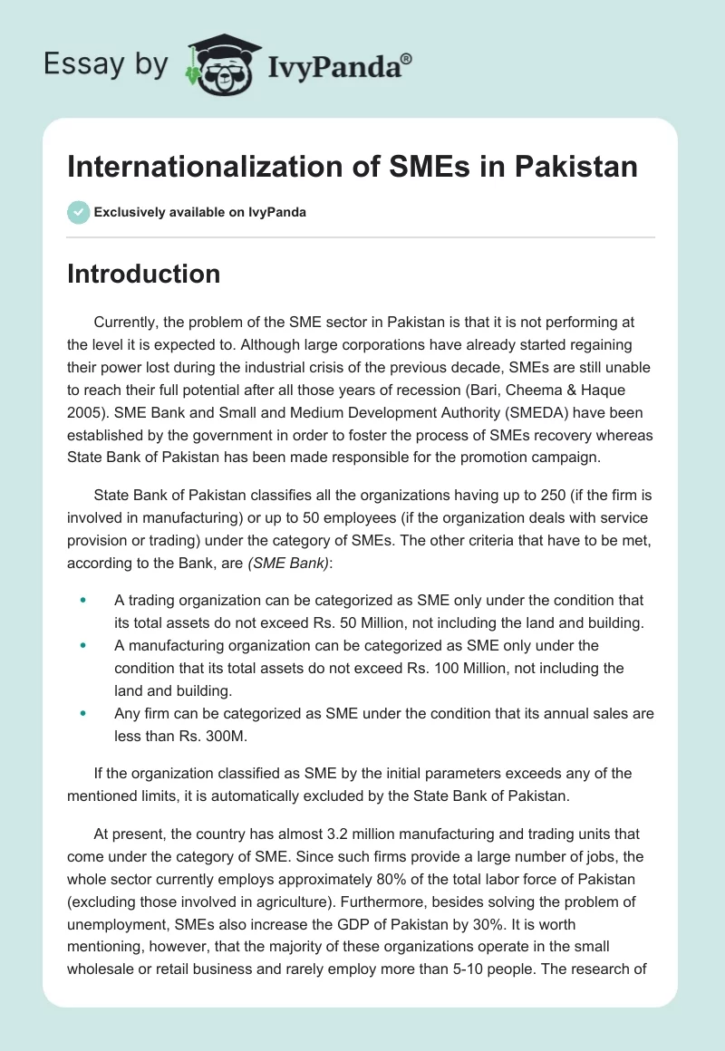 Internationalization of SMEs in Pakistan. Page 1