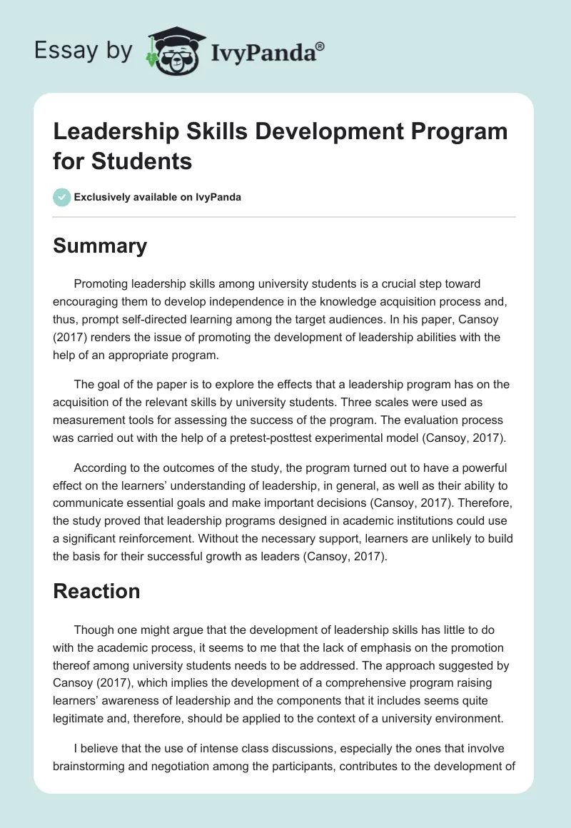 Leadership Skills Development Program for Students. Page 1