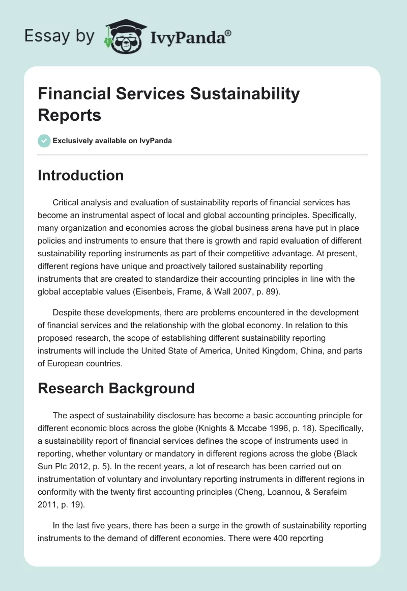 Financial Services Sustainability Reports. Page 1