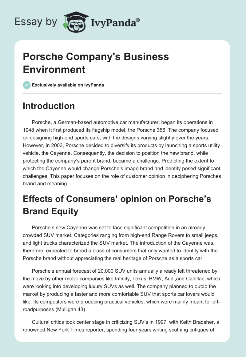 Porsche Company's Business Environment. Page 1