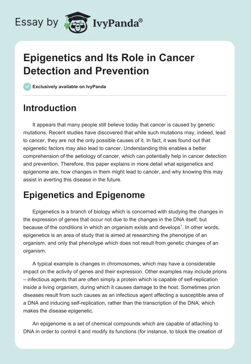 Epigenetics and Its Role in Cancer Detection and Prevention. Page 1
