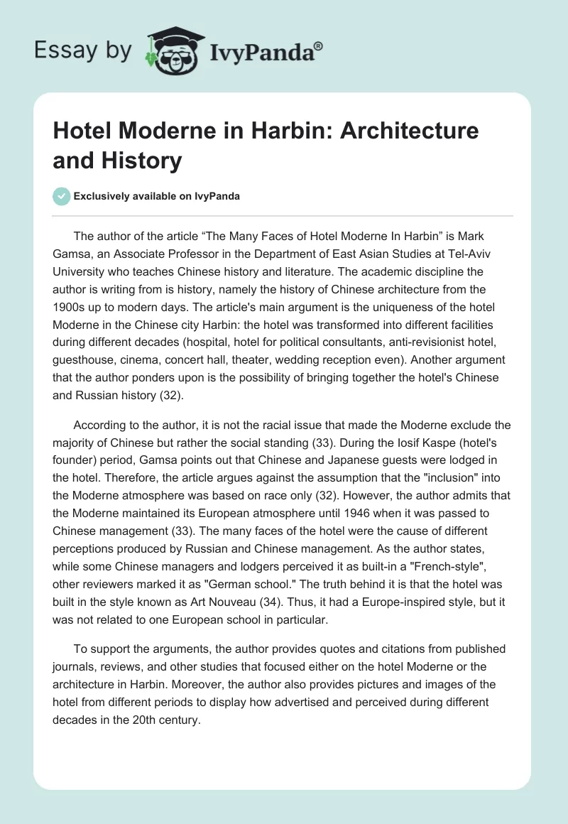 Hotel Moderne in Harbin: Architecture and History. Page 1