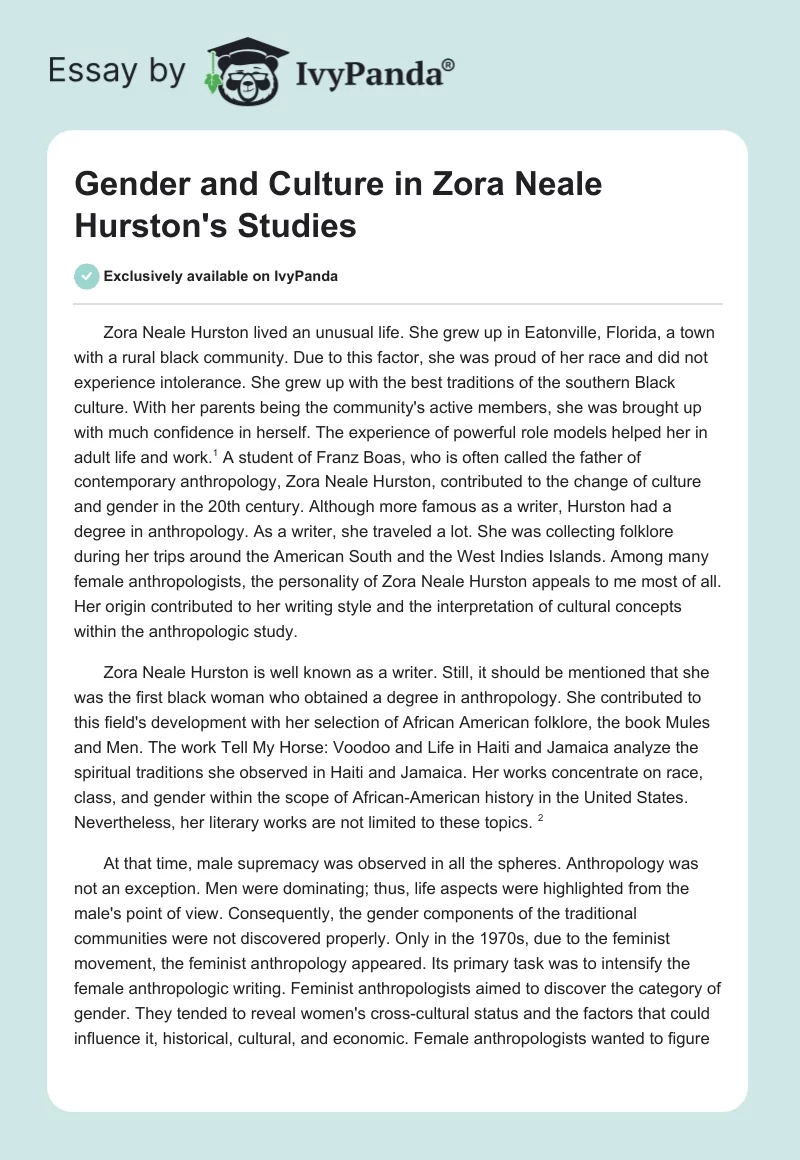 Gender and Culture in Zora Neale Hurston's Studies. Page 1