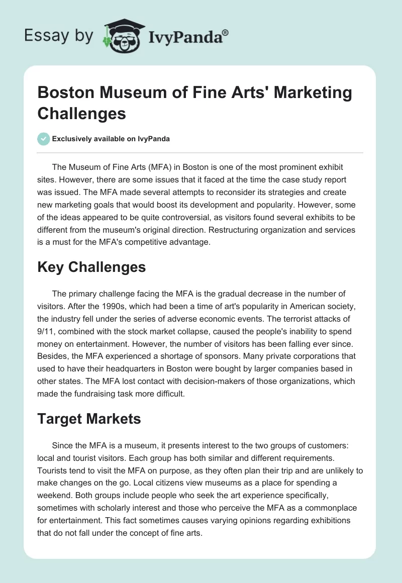 Boston Museum of Fine Arts' Marketing Challenges. Page 1