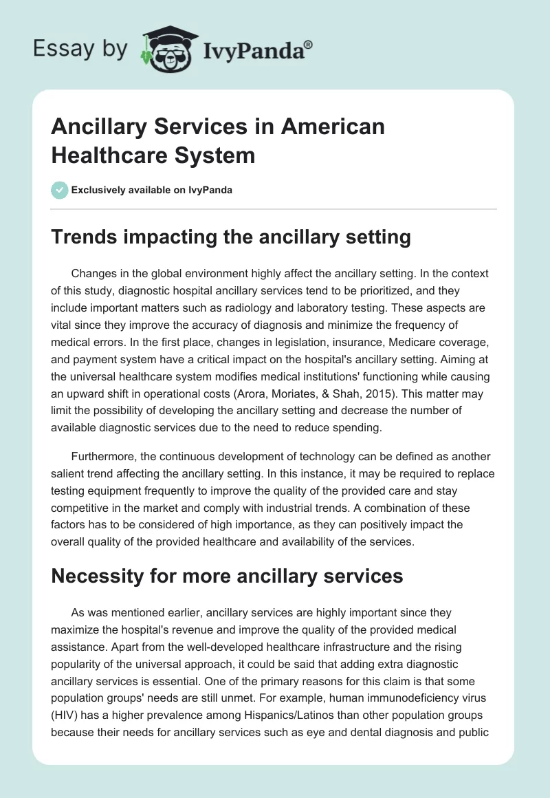 Ancillary Services in American Healthcare System. Page 1