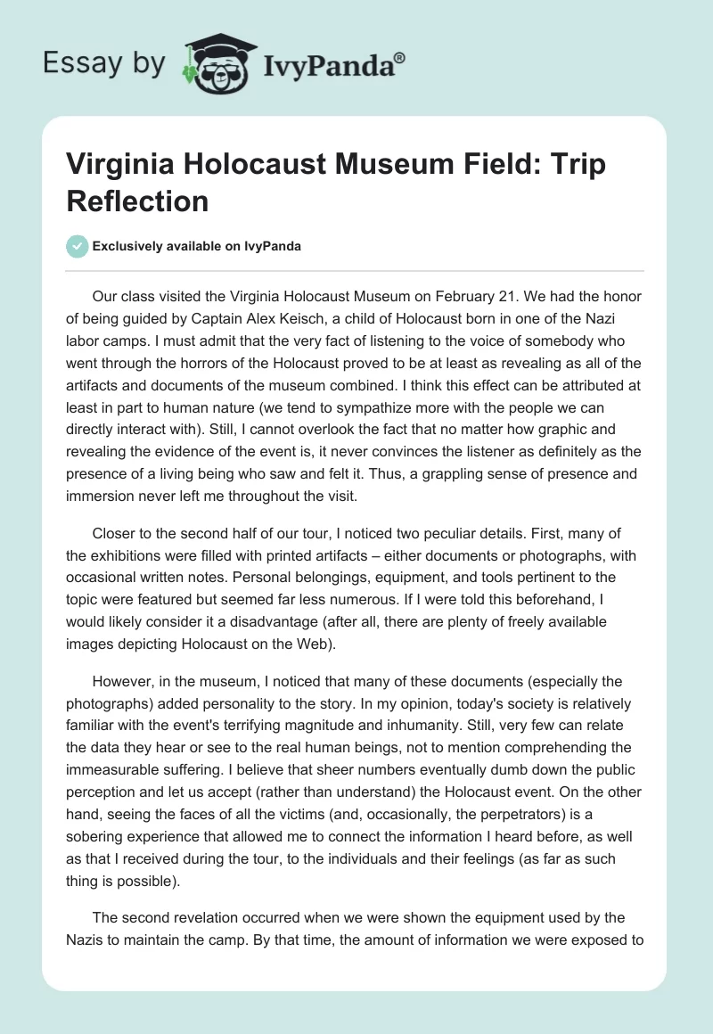 Virginia Holocaust Museum Field: Trip Reflection. Page 1