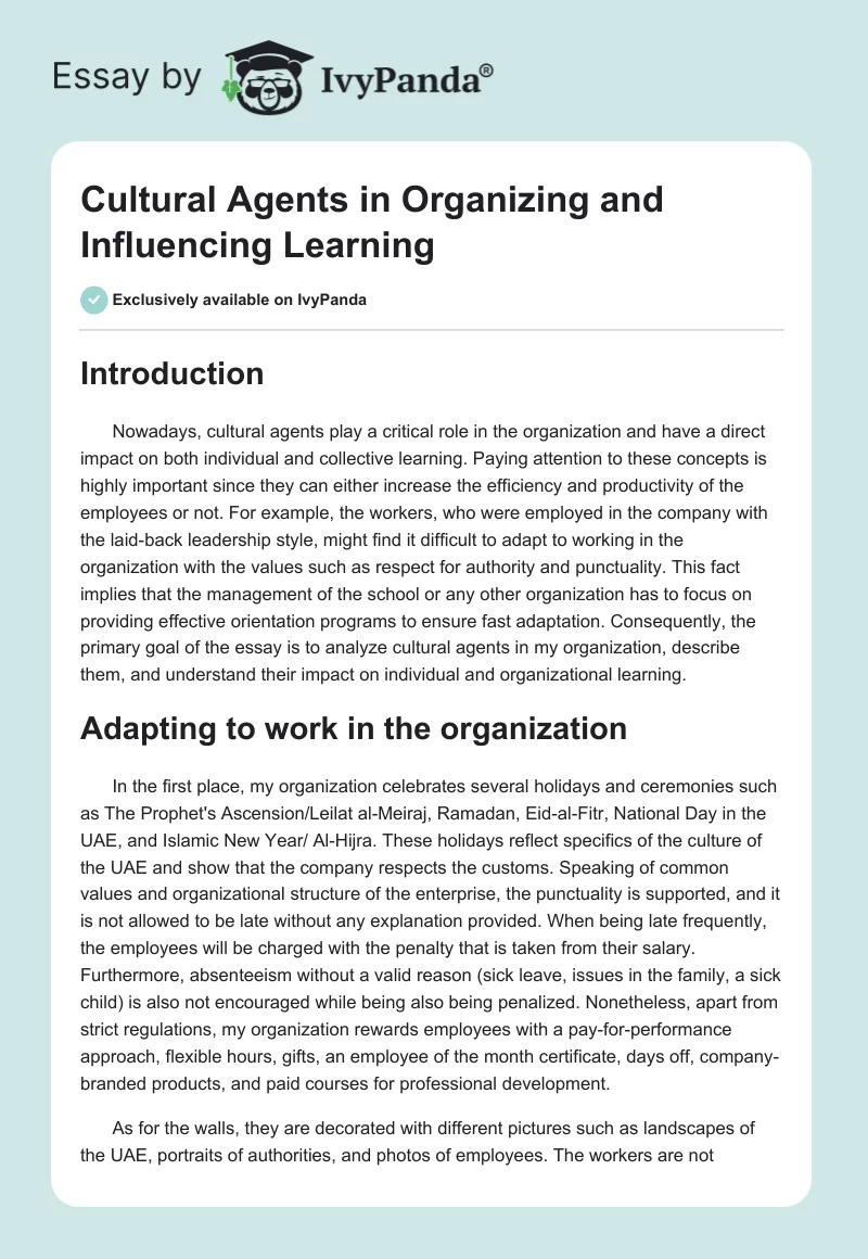 Cultural Agents in Organizing and Influencing Learning. Page 1