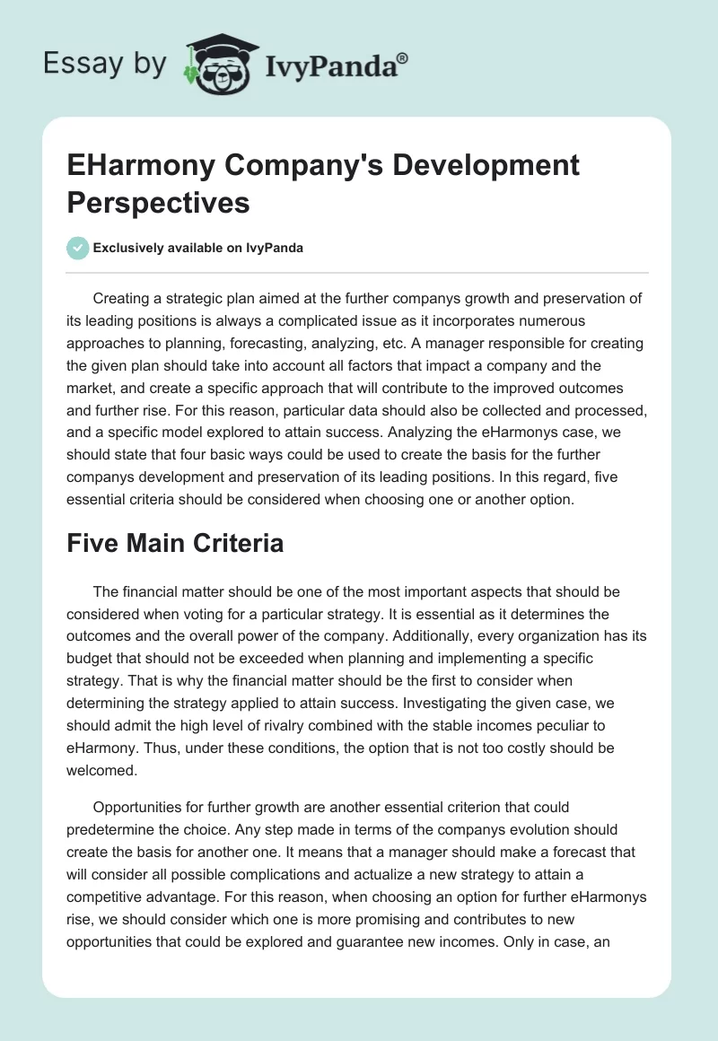 EHarmony Company's Development Perspectives. Page 1