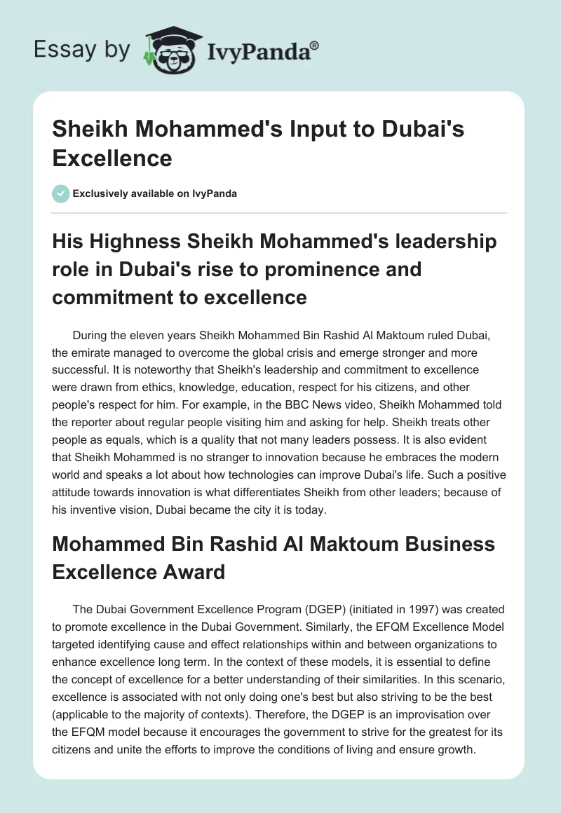 Sheikh Mohammed's Input to Dubai's Excellence. Page 1