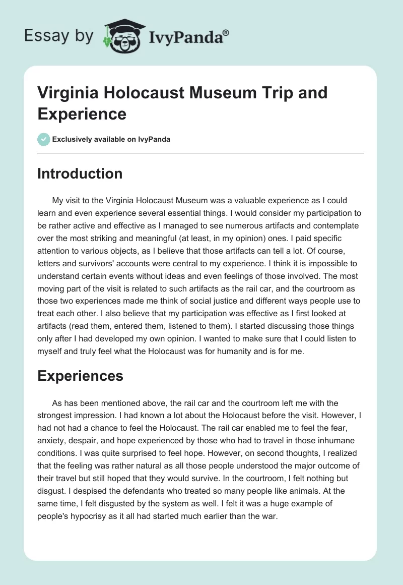 Virginia Holocaust Museum Trip and Experience. Page 1