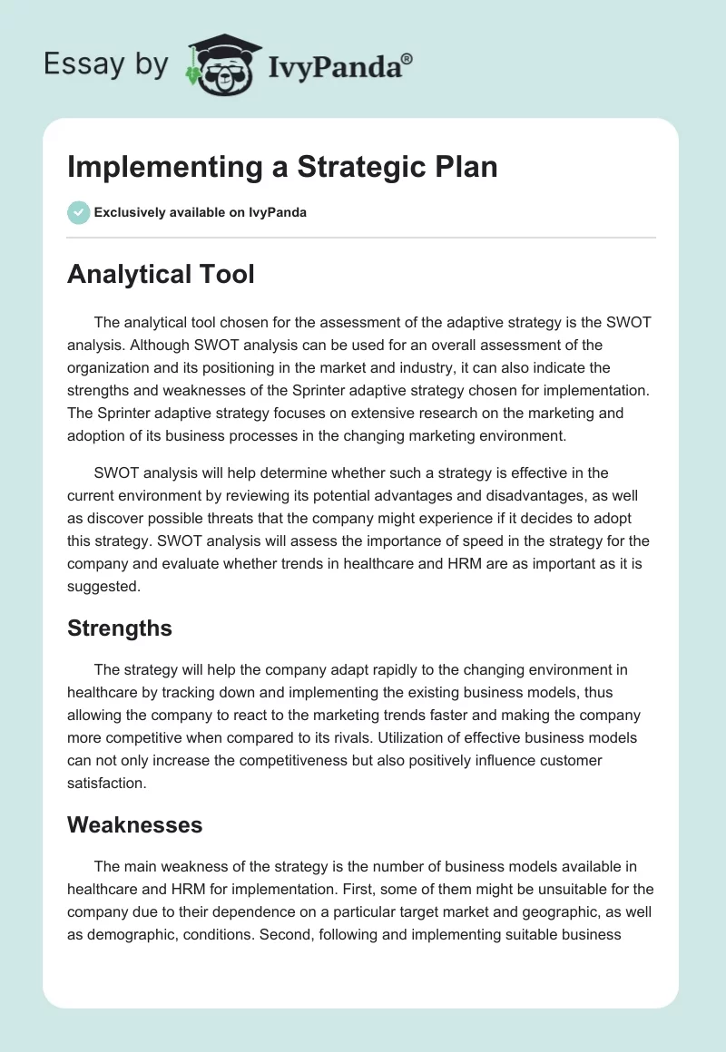 Implementing a Strategic Plan. Page 1