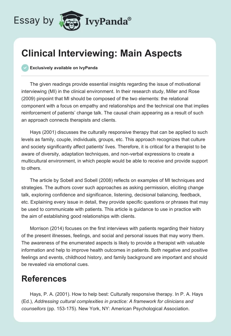 Clinical Interviewing: Main Aspects. Page 1