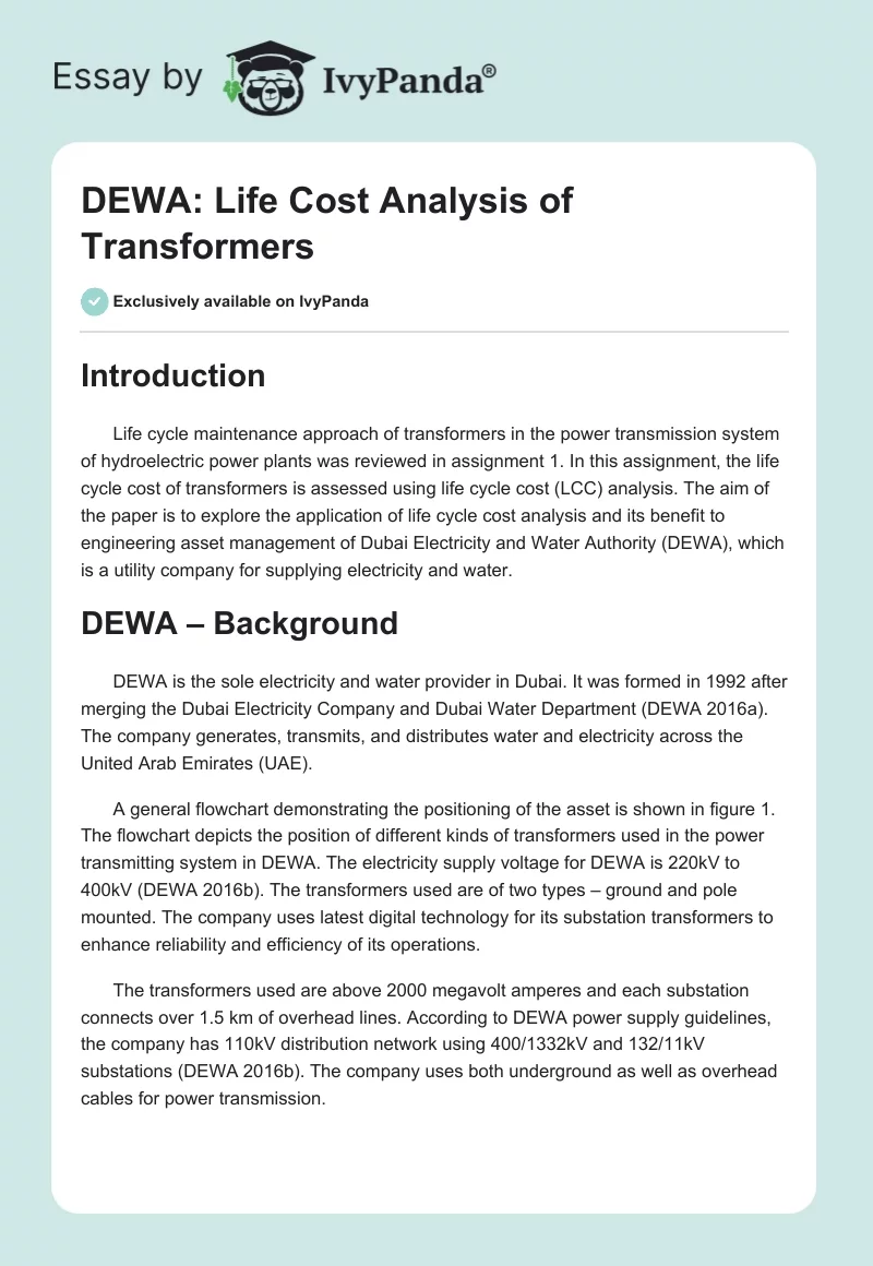 DEWA: Life Cost Analysis of Transformers. Page 1