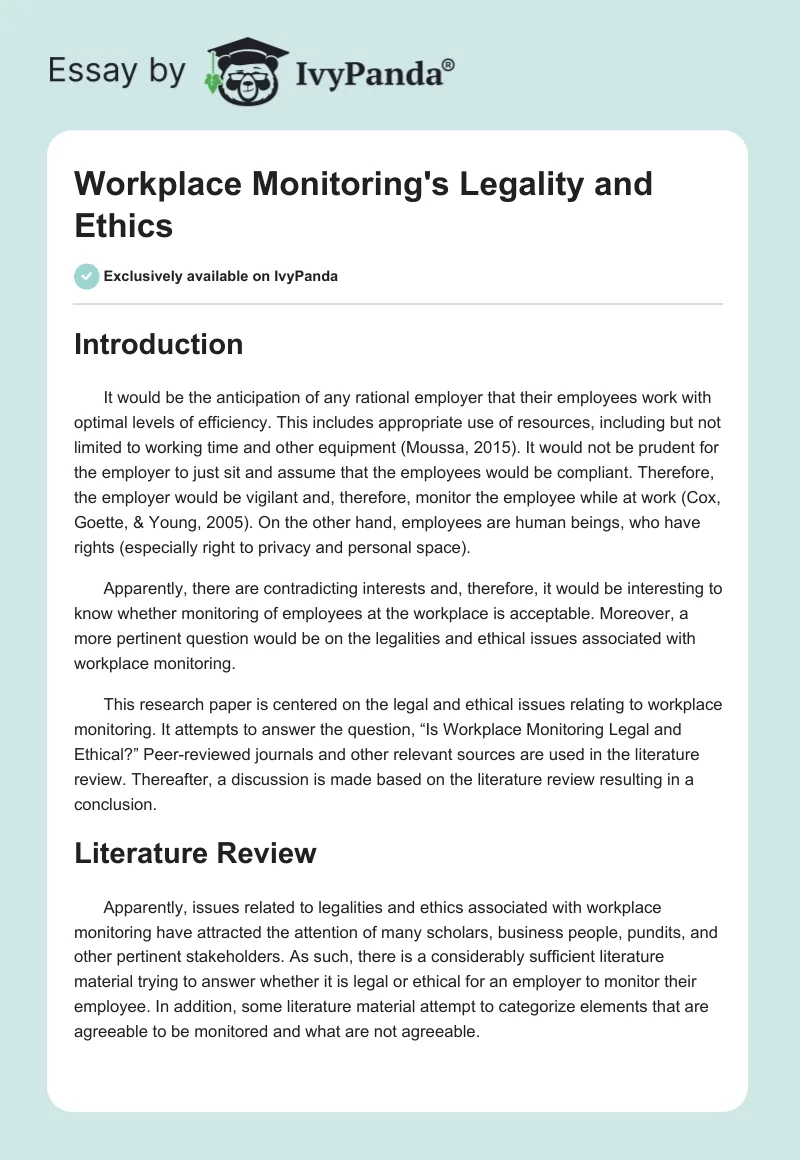Workplace Monitoring's Legality and Ethics. Page 1