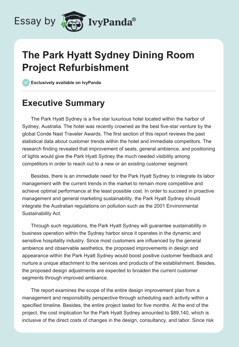 The Park Hyatt Sydney Dining Room Project Refurbishment. Page 1