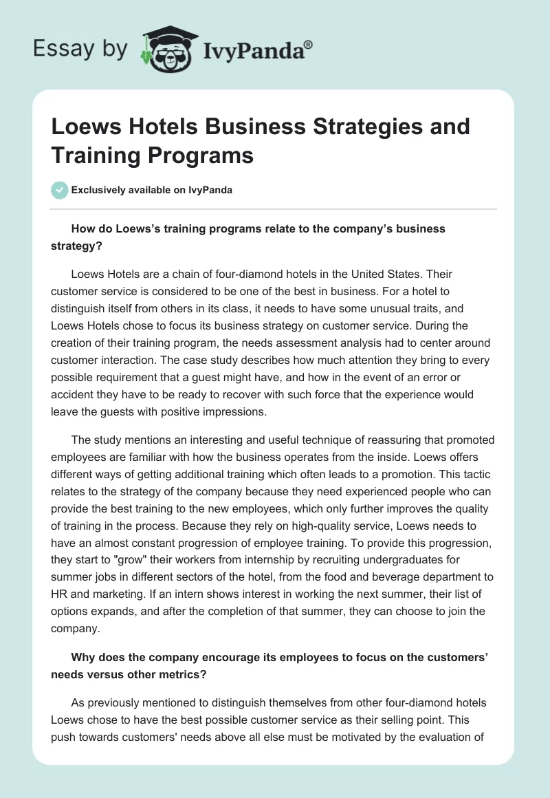 Loews Hotels Business Strategies and Training Programs. Page 1