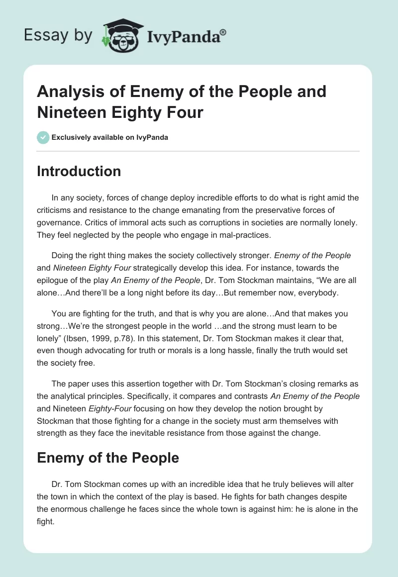 Analysis of Enemy of the People and Nineteen Eighty Four. Page 1