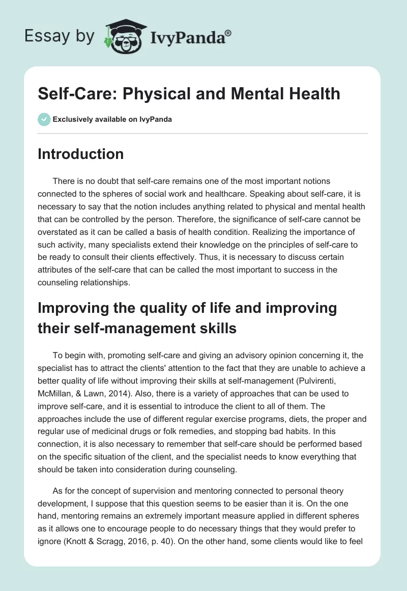 Self-Care: Physical and Mental Health. Page 1