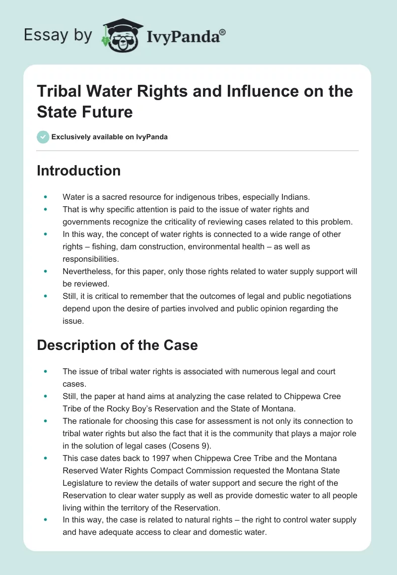 Tribal Water Rights and Influence on the State Future. Page 1
